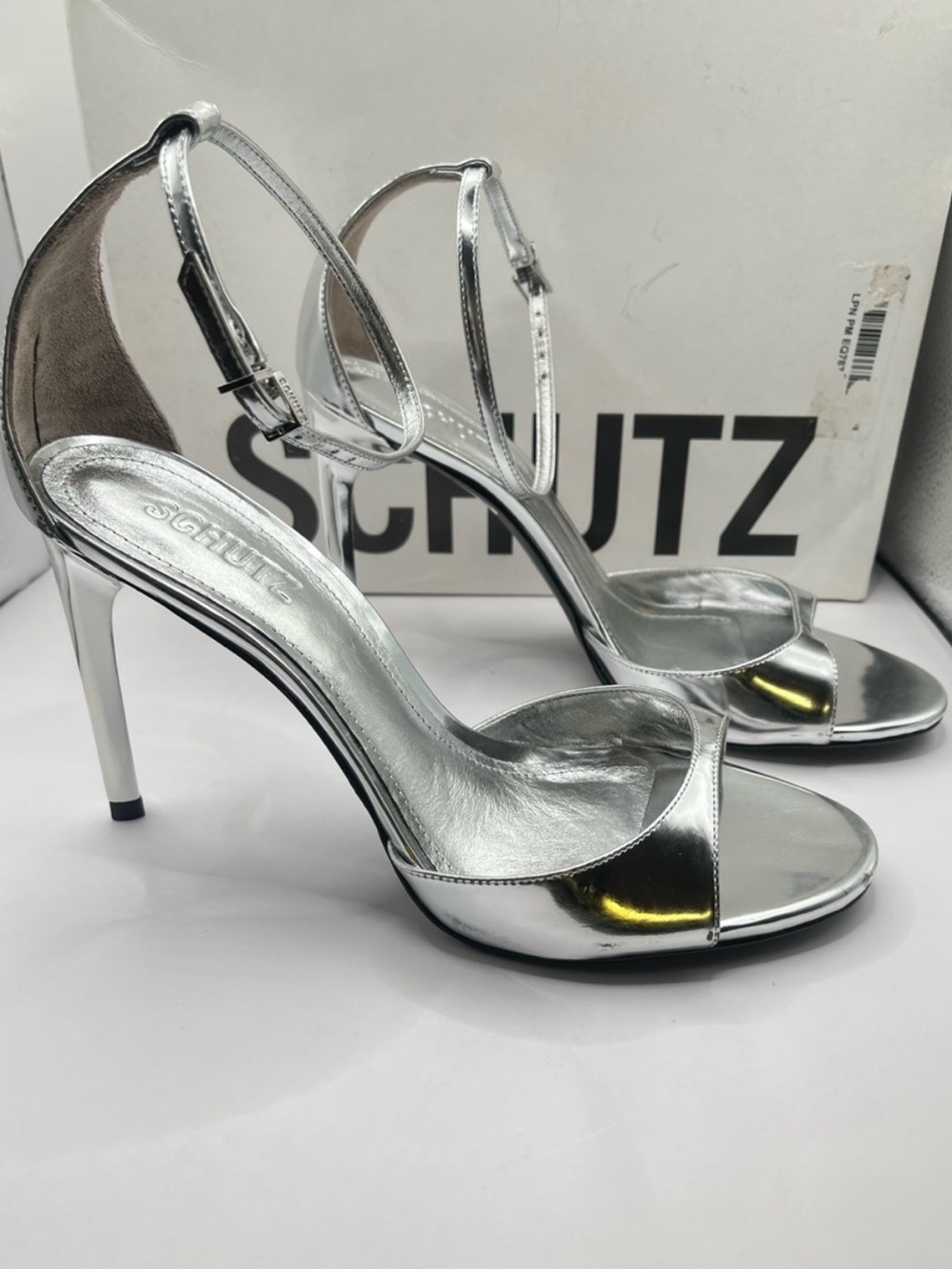 Schutz Women's Scarlett 8.5 Silver Stiletto Ankle Strap Heels